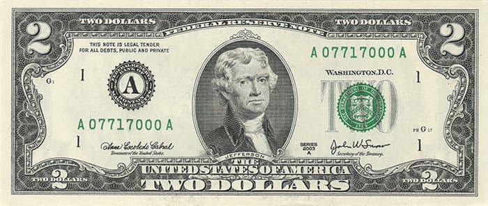 Кто изображен на банкноте 2 доллара США? Томас Джефферсон