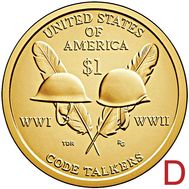  1 доллар 2016 «Радисты-шифровальщики Первой и Второй мировых войн» США D (Сакагавея), фото 1 