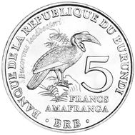 5 франков 2014 «Кафрский рогатый ворон» Бурунди, фото 1 