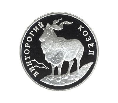  Серебряная монета 1 рубль 1993 «Винторогий козёл (или мархур)», фото 1 