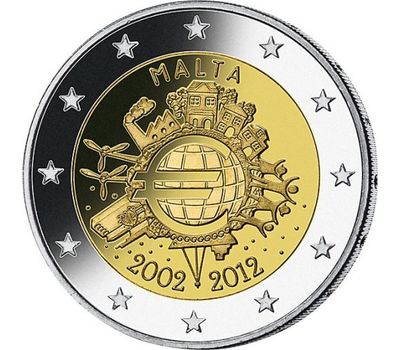  Монета 2 евро 2012 «10 лет наличному обращению евро» Мальта, фото 1 