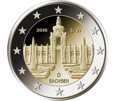  Монета 2 евро 2016 «Саксония. Дворец Цвингер» Германия, фото 1 