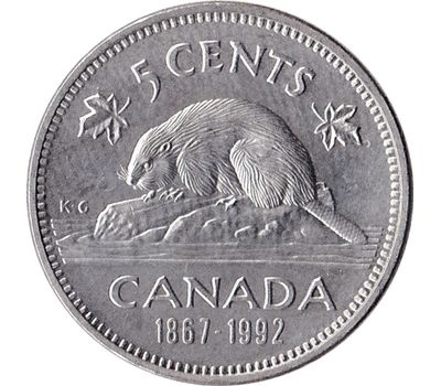  Монета 5 центов 1992 «125 Лет Конфедерации. Бобёр» Канада, фото 1 