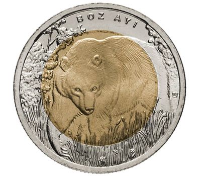  Монета 1 лира 2011 «Медведь Гризли (Красная книга)» Турция, фото 1 
