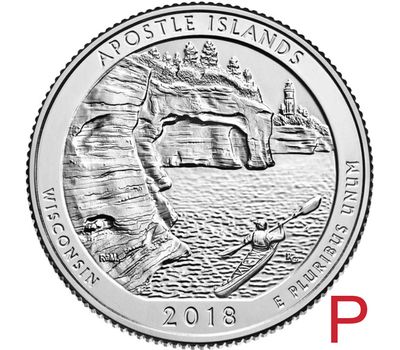  Монета 25 центов 2018 «Национальные озёрные побережья островов Апостол» (42-ой нац. парк США) P, фото 1 