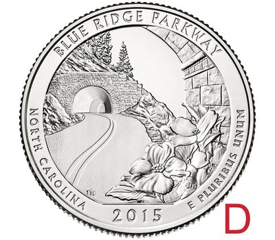  Монета 25 центов 2015 «Автомагистраль Блу-Ридж» (28-й нац. парк США) D, фото 1 