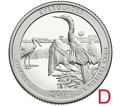  Монета 25 центов 2014 «Национальный парк Эверглейдс» (25-й нац. парк США) D, фото 1 