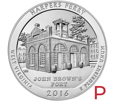  Монета 25 центов 2016 «Харперс Ферри» (33-й нац. парк США) P, фото 1 