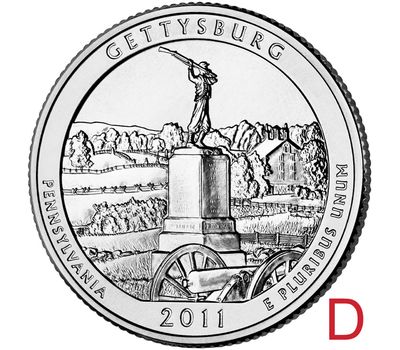  Монета 25 центов 2011 «Национальный военный парк Геттисберг» (6-й нац. парк США) D, фото 1 