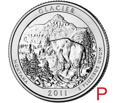  Монета 25 центов 2011 «Национальный парк Глейшер» (7-й нац. парк США) P, фото 1 