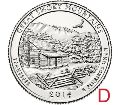  Монета 25 центов 2014 «Национальный парк Грейт-Смоки-Маунтинс» (21-й нац. парк США) D, фото 1 