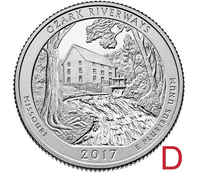  Монета 25 центов 2017 «Национальные водные пути Озарк» (38-й нац. парк США) D, фото 1 