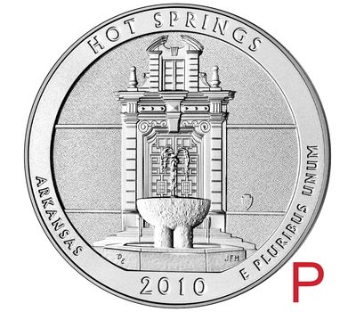  Монета 25 центов 2010 «Национальный парк Хот-Спрингс» (1-ый нац. парк США) P, фото 1 