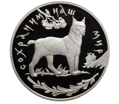  Серебряная монета 3 рубля 1995 «Сохраним наш мир — Рысь», фото 1 