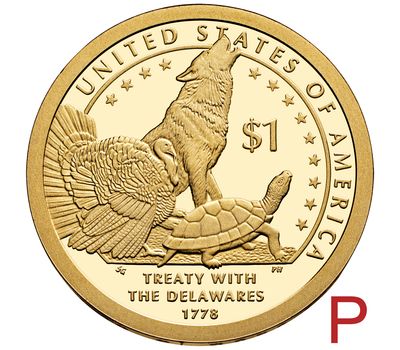  Монета 1 доллар 2013 «Договор с делаварами» США P (Сакагавея), фото 1 