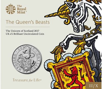  Монета 5 фунтов 2017 «Единорог из Шотландии» (Звери Королевы) в буклете, фото 1 