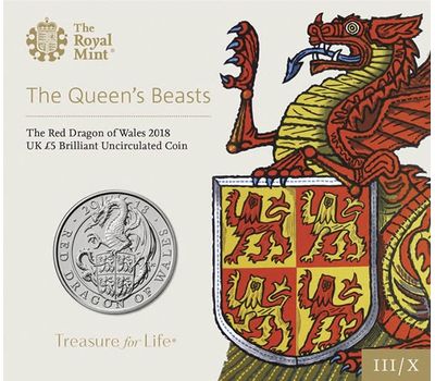  Монета 5 фунтов 2018 «Красный дракон из Уэльса» (Звери Королевы) в буклете, фото 1 