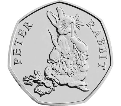  Монета 50 пенсов 2018 «Кролик Питер с морковкой» (Герои Беатрис Поттер), фото 1 