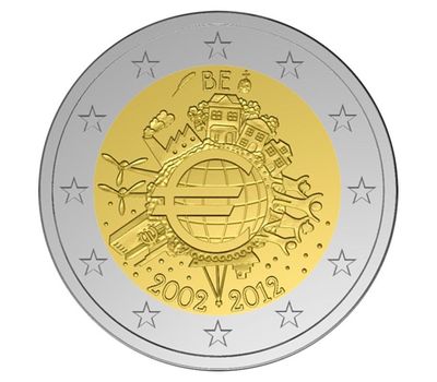  Монета 2 евро 2012 «10 лет наличному обращению евро» Бельгия, фото 1 