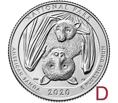  Монета 25 центов 2020 «Национальный парк Американского Самоа» (51-й нац. парк США) D, фото 1 