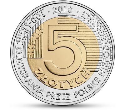  Монета 5 злотых 2018 «100-летие независимости» Польша, фото 1 