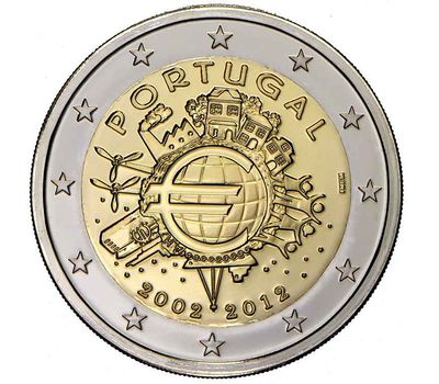  Монета 2 евро 2012 «10 лет наличному обращению евро» Португалия, фото 1 
