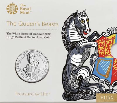  Монета 5 фунтов 2020 «Белая Лошадь дома Ганновер» (Звери Королевы) в буклете, фото 1 