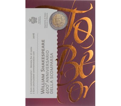  Монета 2 евро 2016 «400 лет со дня смерти Уильяма Шекспира» Сан-Марино (в буклете), фото 1 