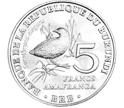  Монета 5 франков 2014 «Пёстрый пушистый погоныш» Бурунди, фото 1 