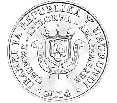  Монета 5 франков 2014 «Пёстрый пушистый погоныш» Бурунди, фото 2 