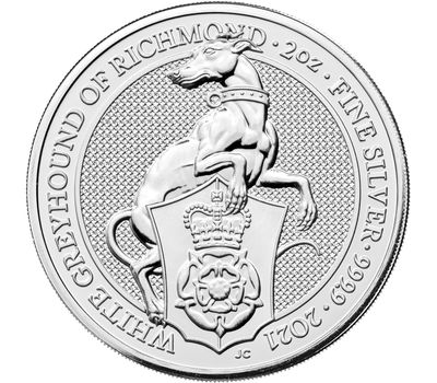  5 фунтов 2021 «Белая борзая Ричмонда» (Звери Королевы) серебро 2 унции, фото 1 