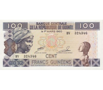  Банкнота 100 франков 2012 Гвинея Пресс, фото 1 