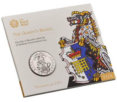  Монета 5 фунтов 2019 «Йейл дома Бофорт» (Звери Королевы) в буклете, фото 1 
