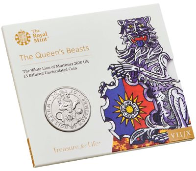  Монета 5 фунтов 2020 «Белый Лев дома Мортимер» (Звери Королевы) в буклете, фото 1 