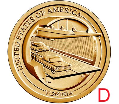  Монета 1 доллар 2021 «Мост через Чесапикский залив. Вирджиния» D (Американские инновации), фото 1 