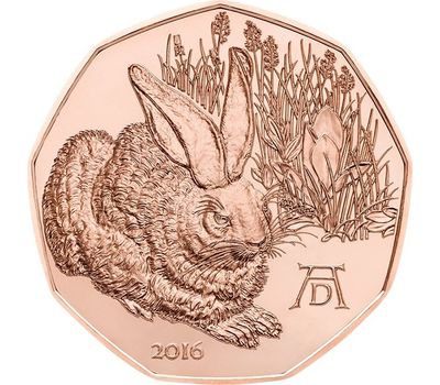 Монета 5 евро 2016 «Заяц Дюрера» Австрия, фото 1 