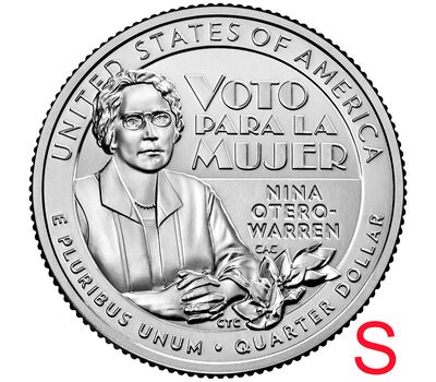  Монета 25 центов 2022 «Нина Отеро-Уоррен» (Выдающиеся женщины США) S, фото 1 