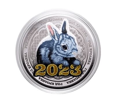  Цветная монета 25 рублей «Год кролика 2023 — Кролик» в синей открытке, фото 2 