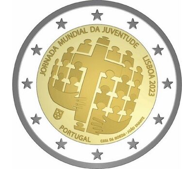  Монета 2 евро 2023 «Всемирный день молодежи в Лиссабоне» Португалия, фото 1 