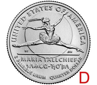  Монета 25 центов 2023 «Балерина Мария Толчиф» (Выдающиеся женщины США) D, фото 1 