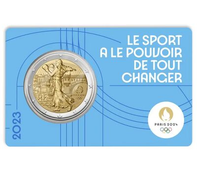  Монета 2 евро 2023 «Олимпийские игры 2024 года в Париже» Франция (синяя коинкарта), фото 1 