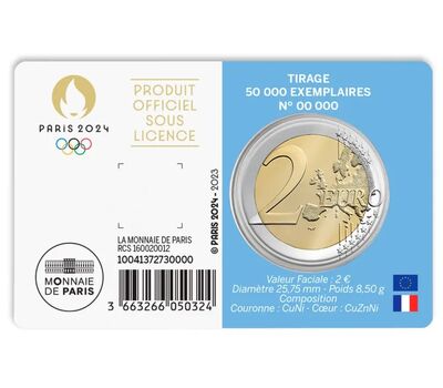  Монета 2 евро 2023 «Олимпийские игры 2024 года в Париже» Франция (синяя коинкарта), фото 4 