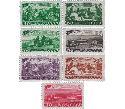  7 почтовых марок «За досрочное выполнение первого пятилетнего плана. Сельское хозяйство» СССР 1948, фото 1 
