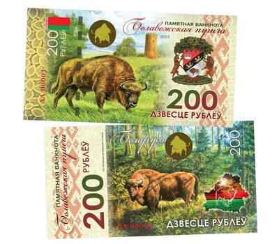  Сувенирная банкнота 200 рублей «Беловежская пуща. Зубр» Беларусь, фото 1 