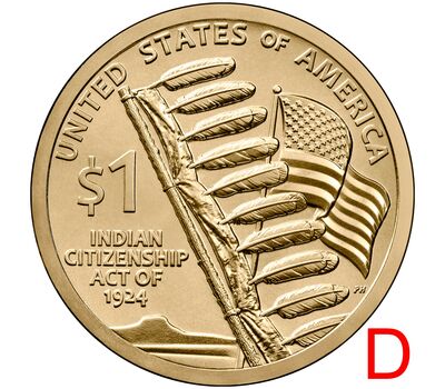  Монета 1 доллар 2024 «Закон о гражданстве индейцев» США D (Сакагавея), фото 1 