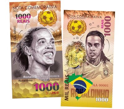  Сувенирная банкнота 1000 реалов «Рональдиньо. Легенды футбола», фото 1 