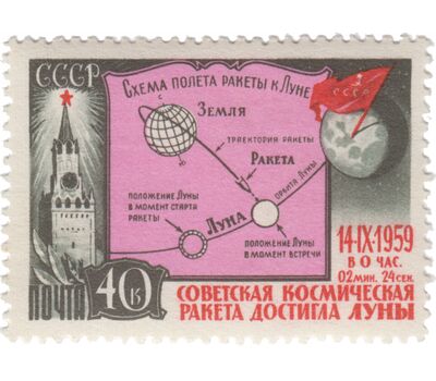  2 почтовые марки «Вторая советская космическая ракета с межпланетной станцией «Луна 2» СССР 1959, фото 2 