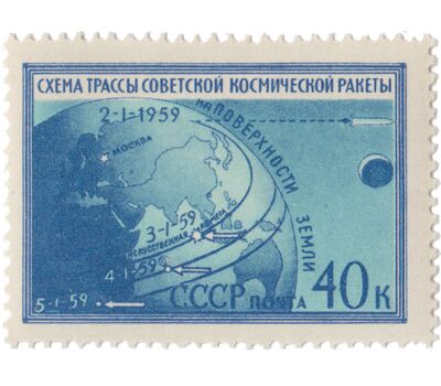  2 почтовые марки «Первая советская космическая ракета, запущенная в сторону Луны» СССР 1959, фото 3 