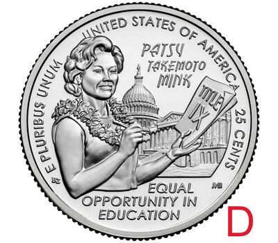  Монета 25 центов 2024 «Пэтси Такемото» (Выдающиеся женщины США) D, фото 1 
