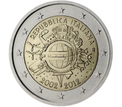  Монета 2 евро 2012 «10 лет наличному обращению евро» Италия, фото 1 